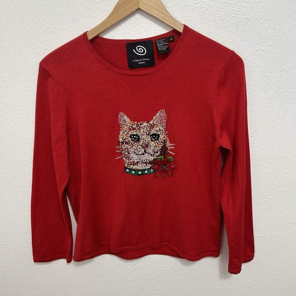 VTG Y2K Michael Simon Red Beaded Tabby Cat Sweater Top Holiday Trim Sz M Festive